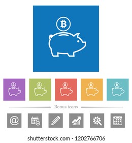 Bitcoin piggy bank flat white icons in square backgrounds. 6 bonus icons included.