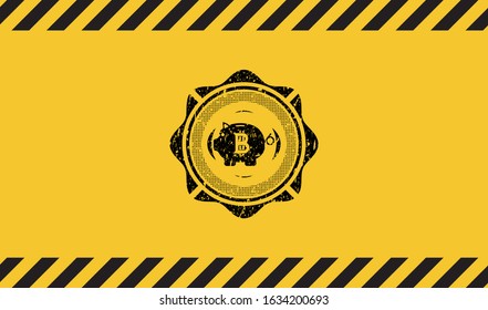 bitcoin piggy bank icon black grunge emblem with yellow background. Vector Illustration. Detailed.