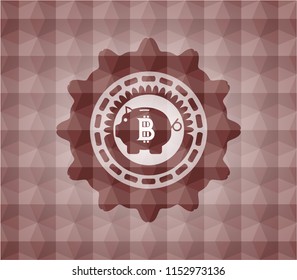 bitcoin piggy bank icon inside red emblem with geometric background. Seamless.