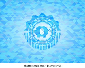 bitcoin piggy bank icon inside light blue emblem with mosaic background