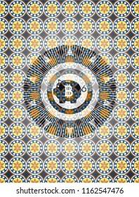 bitcoin piggy bank icon inside arabesque emblem. arabic decoration.