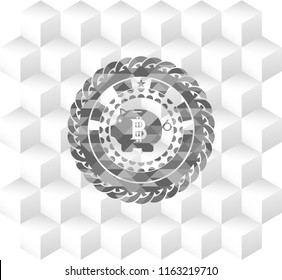 bitcoin piggy bank icon inside grey emblem. Vintage with geometric cube white background