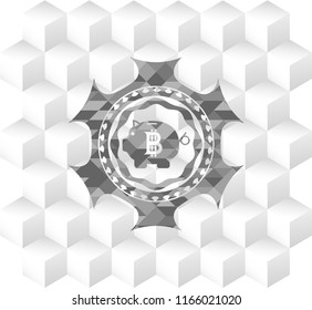 bitcoin piggy bank icon inside grey icon or emblem with geometric cube white background