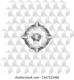 bitcoin piggy bank icon inside realistic grey emblem with geometric cube white background