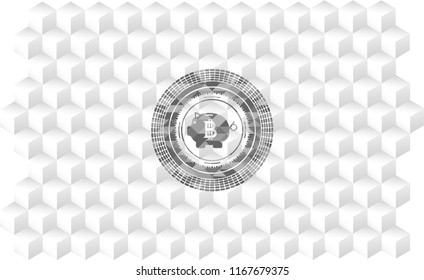 bitcoin piggy bank icon inside grey badge with geometric cube white background