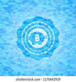 bitcoin piggy bank icon inside sky blue mosaic emblem