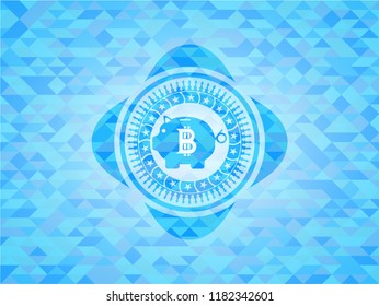 bitcoin piggy bank icon inside sky blue emblem with triangle mosaic background