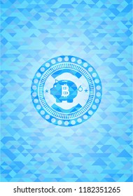 bitcoin piggy bank icon inside light blue emblem with triangle mosaic background