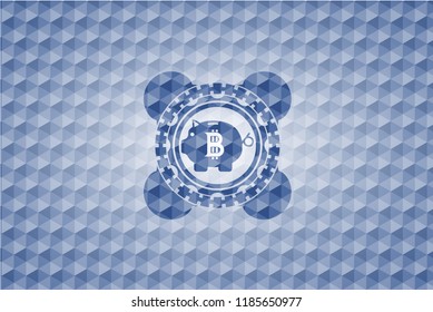 bitcoin piggy bank icon inside blue badge with geometric pattern.