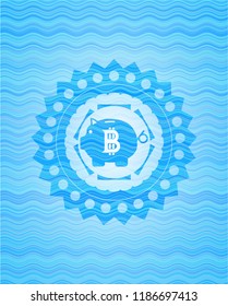 bitcoin piggy bank icon inside light blue water style emblem.