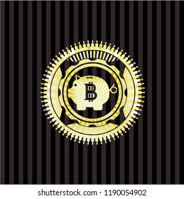bitcoin piggy bank icon inside golden badge