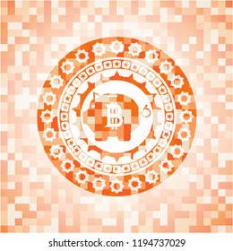 bitcoin piggy bank icon inside abstract emblem, orange mosaic background