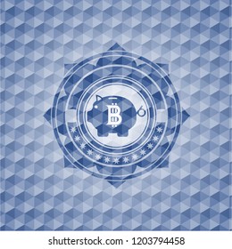bitcoin piggy bank icon inside blue polygonal emblem.
