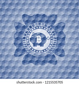 bitcoin piggy bank icon inside blue emblem with geometric pattern.