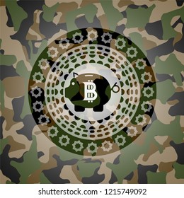bitcoin piggy bank icon inside camouflage texture