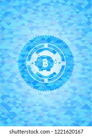 bitcoin piggy bank icon inside light blue emblem with triangle mosaic background