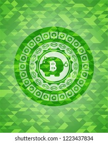 bitcoin piggy bank icon inside green mosaic emblem