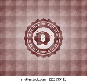 bitcoin piggy bank icon inside red emblem with geometric pattern background. Seamless.