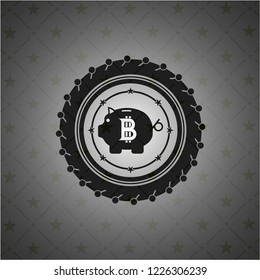 bitcoin piggy bank icon inside black emblem. Vintage.
