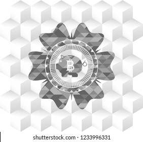 bitcoin piggy bank icon inside grey emblem with cube white background