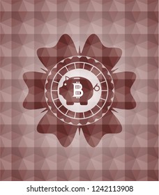 bitcoin piggy bank icon inside red emblem or badge with abstract geometric pattern background. Seamless.