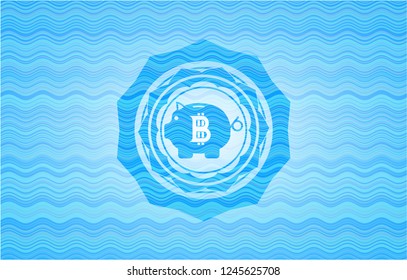 bitcoin piggy bank icon inside water concept emblem.