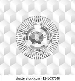bitcoin piggy bank icon inside grey icon or emblem with geometric cube white background