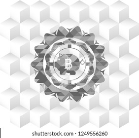 bitcoin piggy bank icon inside grey badge with geometric cube white background