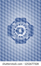 bitcoin piggy bank icon inside blue hexagon emblem.