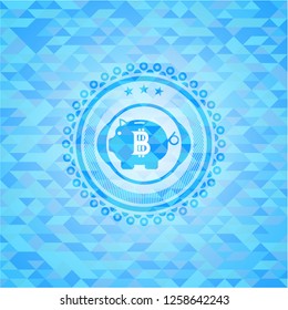 bitcoin piggy bank icon inside realistic sky blue emblem. Mosaic background