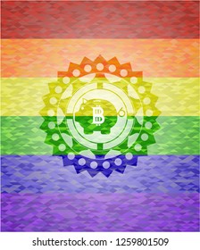 bitcoin piggy bank icon inside emblem on mosaic background with the colors of the LGBT flag
