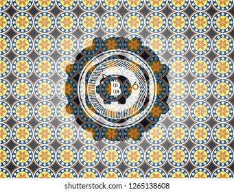 bitcoin piggy bank icon inside arabic badge. Arabesque decoration.