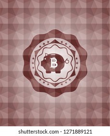 bitcoin piggy bank icon inside red emblem or badge with abstract geometric pattern background. Seamless.