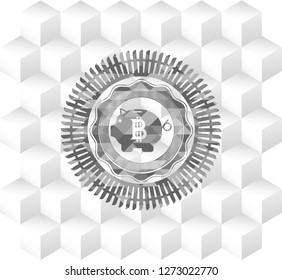 bitcoin piggy bank icon inside grey emblem with cube white background
