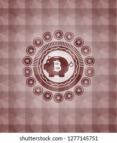 bitcoin piggy bank icon inside red geometric pattern emblem. Seamless.