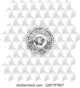 bitcoin piggy bank icon inside grey badge with geometric cube white background
