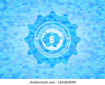 bitcoin piggy bank icon inside light blue emblem with mosaic background