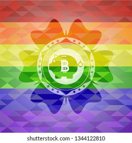 bitcoin piggy bank icon inside emblem on mosaic background with the colors of the LGBT flag