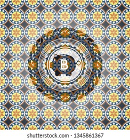 bitcoin piggy bank icon inside arabic badge background. Arabesque decoration.