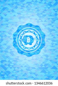 bitcoin piggy bank icon inside sky blue emblem with mosaic background