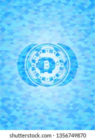bitcoin piggy bank icon inside sky blue emblem. Mosaic background