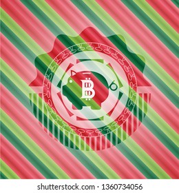 bitcoin piggy bank icon inside christmas badge background.