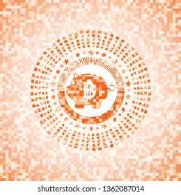 bitcoin piggy bank icon inside orange tile background illustration. Square geometric mosaic seamless pattern with emblem inside.