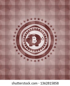 bitcoin piggy bank icon inside red seamless emblem with geometric pattern background.