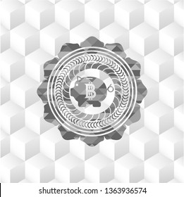 bitcoin piggy bank icon inside grey emblem with cube white background