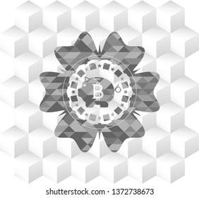 bitcoin piggy bank icon inside grey badge with geometric cube white background
