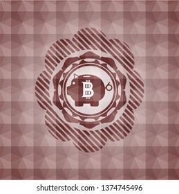 bitcoin piggy bank icon inside red emblem with geometric pattern background. Seamless.