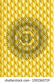 bitcoin piggy bank icon inside golden emblem. Scales pattern. Vector Illustration. Detailed.