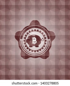bitcoin piggy bank icon inside red emblem with geometric background. Seamless.