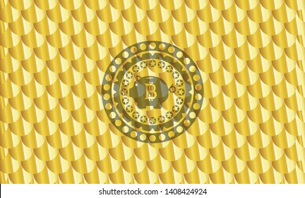 bitcoin piggy bank icon inside shiny golden badge. Scales pattern. Vector Illustration. Detailed.